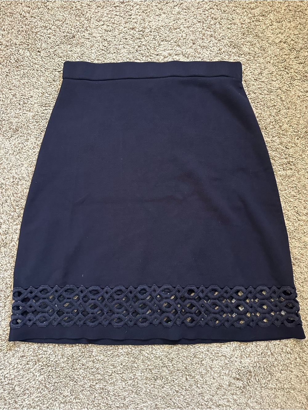 Ann Taylor Navy Blue Knit Skirt Cut Out Hem Pencil Pull On Stretch